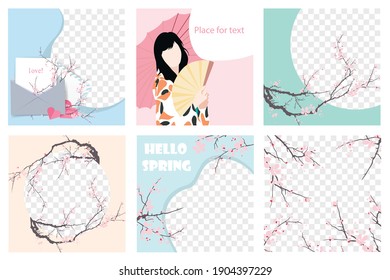 
Spring template for social networks with branches of blossoming sakura. Vector illustration in a flat style.
