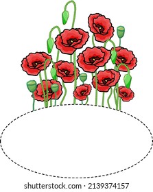 Spring template with sticker for your text with red poppies on white background. Vector illustration.