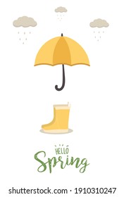 Spring template with umbrella and  yellow rubber boots isolated in the white background 