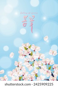 Plantilla de primavera ilustración vectorial con hermosas flores traducción coreana "flor de primavera"