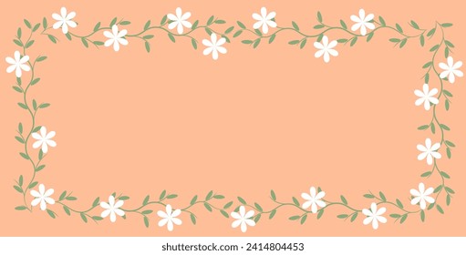 Plantilla de primavera. Marco vintage de flores blancas y hojas verdes en el fondo color Peach Fuzz. Banner pastel de verano. Foliage exuberante. Copiar espacio. Anuncio de fondo. Tarjeta de felicitación. Invitación. Feliz Pascua.