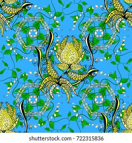 Spring tender design for natural cosmetics, perfume, florist shop. For wrapping paper. Can be used as greeting or wedding background. Vector seamless pattern with blue, green, yellow tulip flowers.