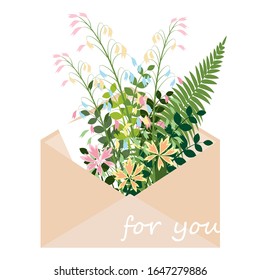 spring tender postcard with wild flowers in an envelope. lettering for you. flat drawing, pastel colors. vector illustration. EPS 10.