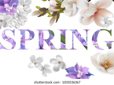 Spring text background with flowers Vector realistic