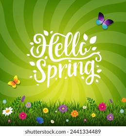 Spring Text Banner With Bokeh And Grass With Gradient Mesh, Vector Illustration