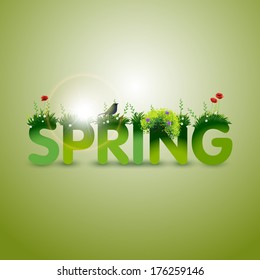 Spring, text with bird, sun and grass on green background, eps10 vector