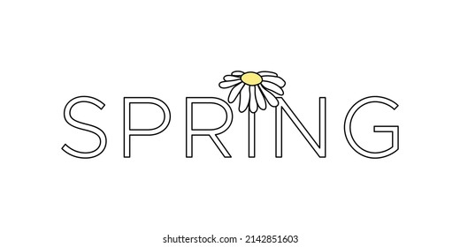 Texto de primavera y margarita. Borde negro. Estilo dibujado a mano. Inspiración de primavera floral. Ilustración vectorial, diseño plano