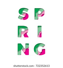 spring text filled with paper cut layers 3d effect on a white background