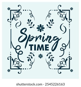 Spring text with floral elements. Black and white in the background. Spring Flourishing concept. Flat vector illustration.