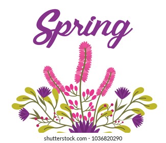 spring text with flowers branch leaves natural