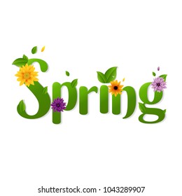 Spring Text With Flowers With Gradient Mesh, Vector Illustration