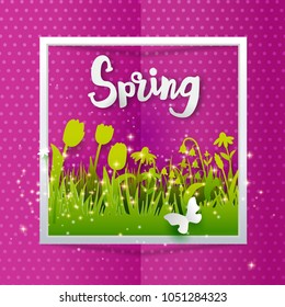 Spring text with geen grass on pink background. Flowers, tulips and chamomiles cut out from paper. Vector illustration. Banner with typography and place for text. Paper art. Vector illustration