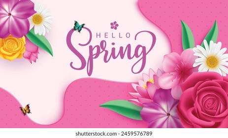 Spring text greeting vector design. Hello spring greeting card with beautiful and blooming flowers for seasonal background. Vector illustration spring season design.
