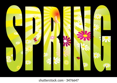 Spring text illustration with a backdrop of flowers and sun rays