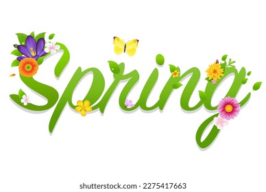 Spring Text And Isolated White Background  Isolated White Background  Vector Illustration