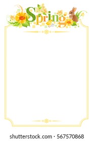 Spring text lettering border frame. Easter bunny icon, chicken symbol, egg, daisy flower, cherry blossom. Springtime poster. Vector banner isolated white background. Nature greeting card illustration