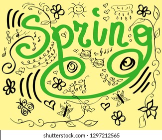 spring text. Lettering festive card hello spring banner. Background inscription Abstract paper lettering greeting card. Hand sketched