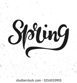 Spring text as logotype, badge and icon. Hand drawn Spring lettering for Warm season Postcard, card, invitation, flyer, banner template. Vector illustration isolated on textured background