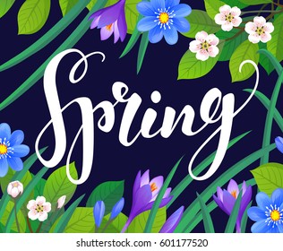 Spring text on floral background. Calligraphic Lettering. Vector illustration.