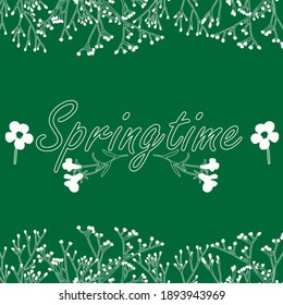 Spring text on green background. Vector illustration decorated with apricot branches.