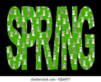 Spring text with rabbits in field illustration