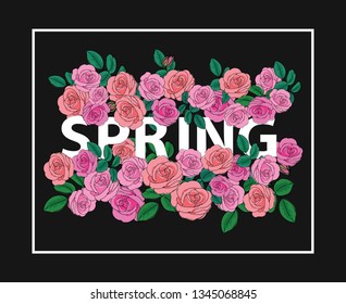 Spring text with rose flower garden background.