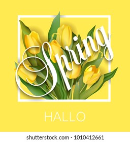 Spring text with tulip flower. Vector