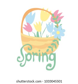 Spring text with tulip flower. Vector illustration