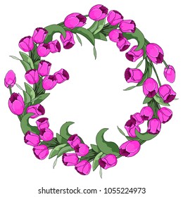 Spring text with Tulip flower. A wreath of tulips. Place for your text. Vector illustration of the EPS10. Stock vector . Isolated white background .