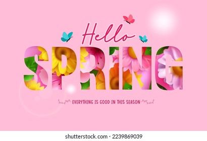 Spring text vector background design. Hello spring typography with flower decoration elements in pink background for season invitation card. Vector Illustration.