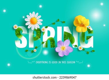 Spring text vector concept design. Spring typography with fresh leaves, vines and blooming flowers for season greeting card decoration. Vector Illustration.