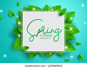 Spring text vector template design. Spring is coming typography in empty frame space with fresh and green leaves elements in pattern background. Vector Illustration.