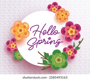 Spring text vector template design. Hello spring in empty space for typography with colorful and blooming flower elements in water color. Vector Illustration.
