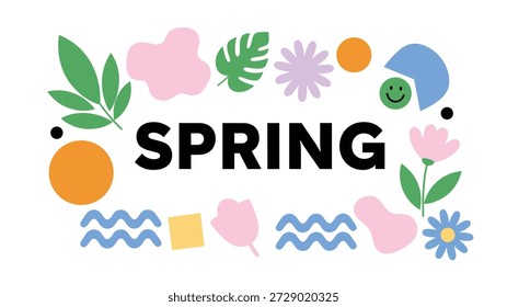 Texto de primavera en un marco blanco rodeado de coloridas Formas abstractas de flores y hojas para celebrar el comienzo de la temporada.