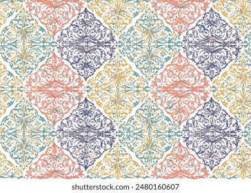 Spring textile and Carpet design with grunge and distressed texture repeat pattern multicoloured baroque damask pattern on white background.