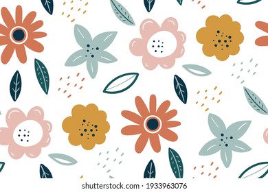 Spring texture. Multicolored flowers on a white background. Vector Easter pattern. Scandinavian style of small flowers. Floral Pattern. Botanic and abstract seamless pattern with flowers and leaves.