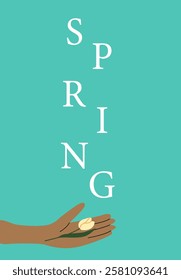 Spring theme with african female hand holding seedling on teal background.