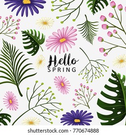 Frühlingsthema mit blauen und rosafarbenen Blumen-Illustration