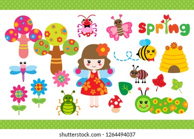 Spring theme of caterpilar butterfly and flowers