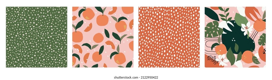 Spring theme. Collage contemporary orange floral tropical and polka dot shapes seamless pattern set. Modern exotic design for floral textile, paper, cover, fabric, interior decor, wallpaper design