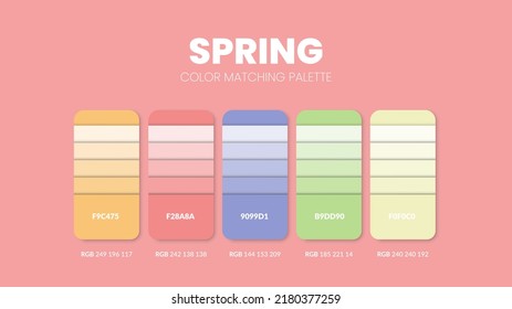 Spring theme color palettes or color schemes are trends combinations and palette guides this year, a table color shades in RGB or HEX. A color swatch for a spring fashion, home, or interior design