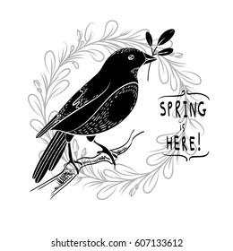 Spring theme. Graphic spring banner with bird sketch. Sitting bird on a branch. Hand drawing contoured sketch. 