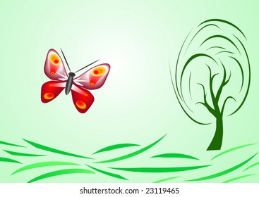 Spring theme: illustration of green plant with butterfly