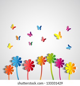 Spring theme with paper flowers and butterfly - vector