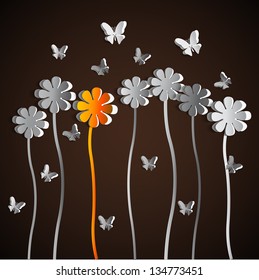 Spring theme with paper flowers and butterfly - vector