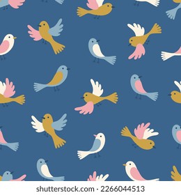 Spring theme seamless pattern with abstract hand drawn birds. Vector illustration.