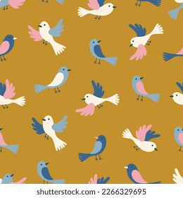 Spring theme seamless pattern with abstract hand drawn birds. Vector illustration.