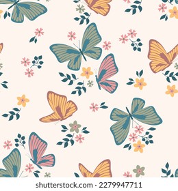 Spring theme seamless pattern with butterflies and flowers. Vector illustration.