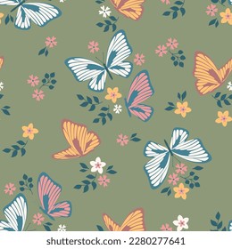 Spring theme seamless pattern with butterflies and flowers. Vector illustration.