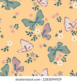 Tema primaveral sin fisuras con mariposas y flores. Ilustración vectorial.